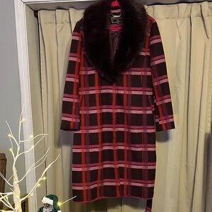 Kathy Ireland Red and Pink Plaid Dress with Faux Fur Collar